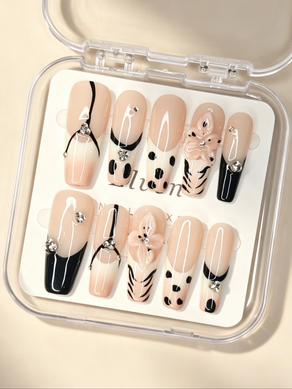 Chic Black and Nude Handmade Press On Nails Long Coffin
